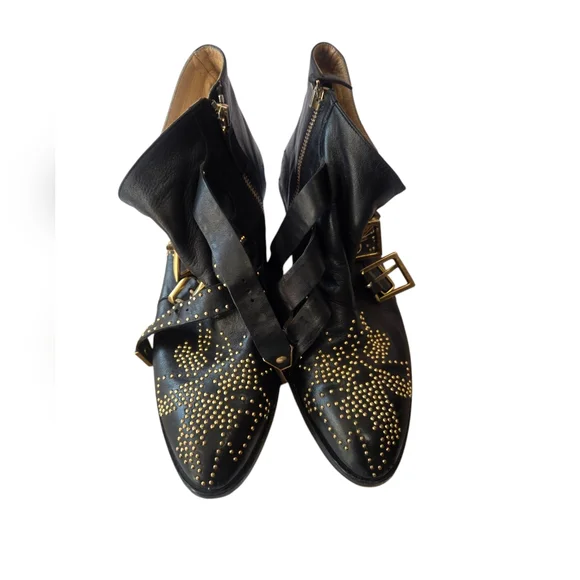 Chloe Women's Black Ankle Boots with Gold Studs - Picture 3 of 16